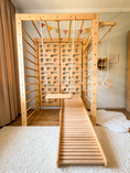 Bild in Galerie-Betrachter laden, Indoor-Klettergerüst aus Holz für Kinder mit Hangelleiter, Schaukel, Turnringen und Massage-Rollenrutsche