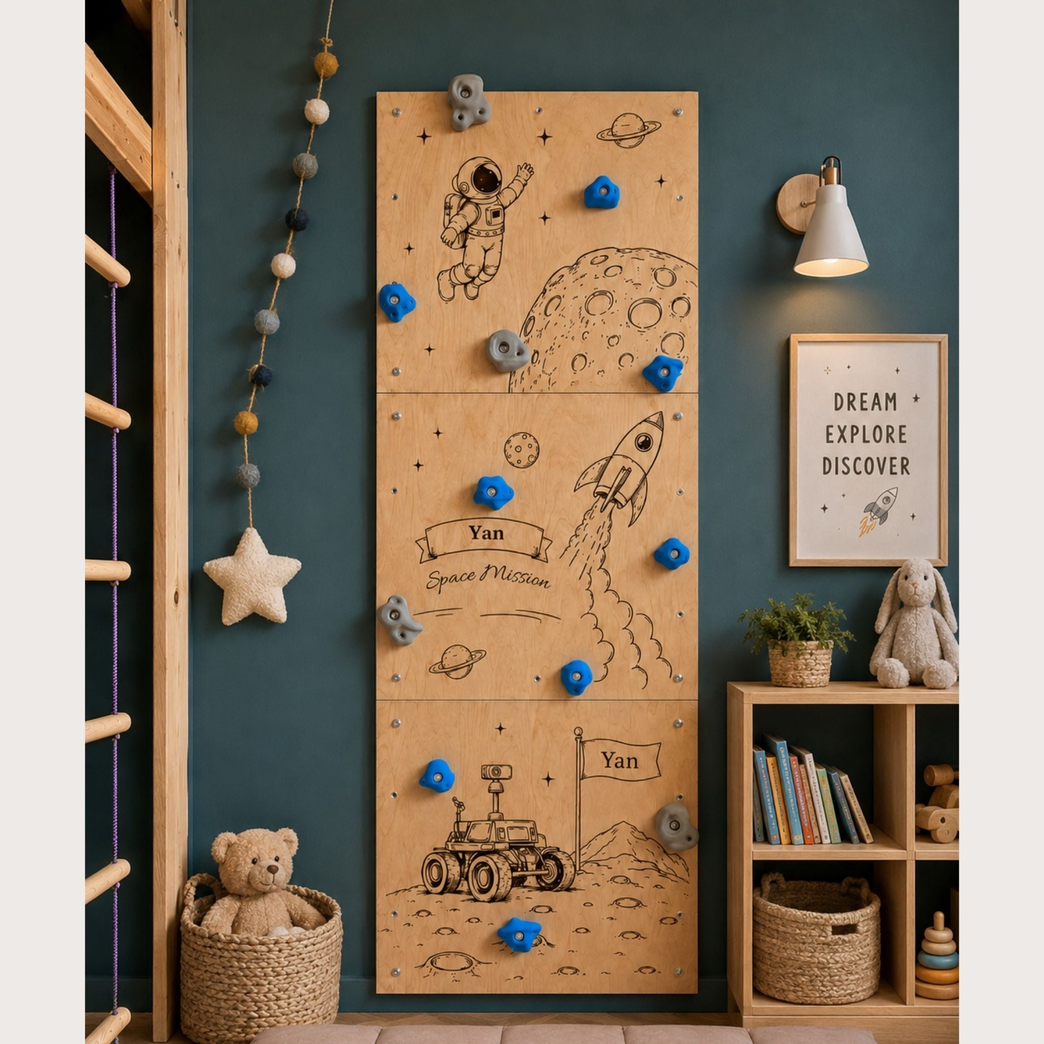 Personalized Kids Climbing Wall – Space Theme Wooden Indoor Climbing Wall