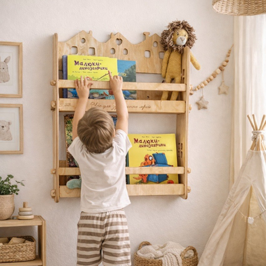 Kids Wooden Bookshelf – Montessori Wall Book Display Shelf for Kids Room, Personalized Engraving