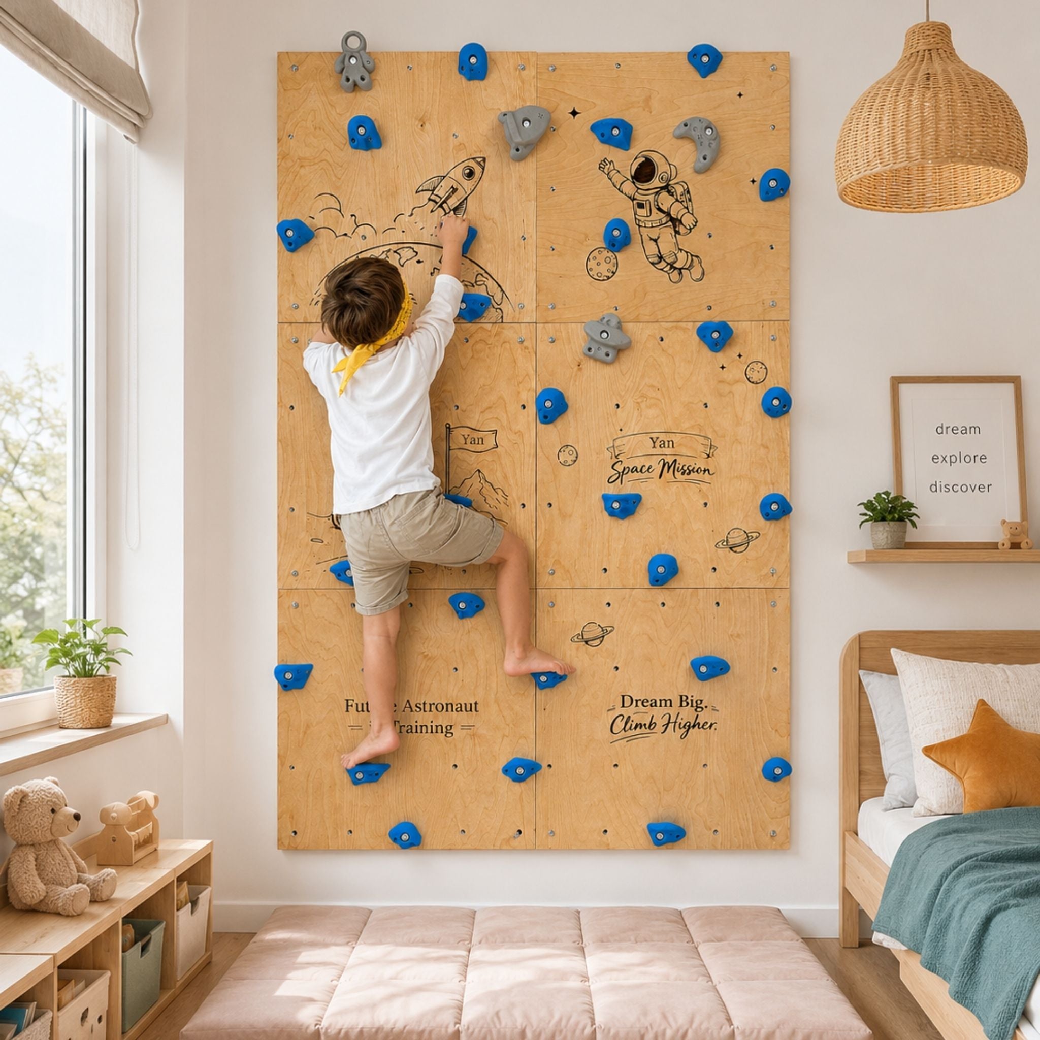 Personalized Kids Climbing Wall – Space Theme Wooden Indoor Climbing Wall