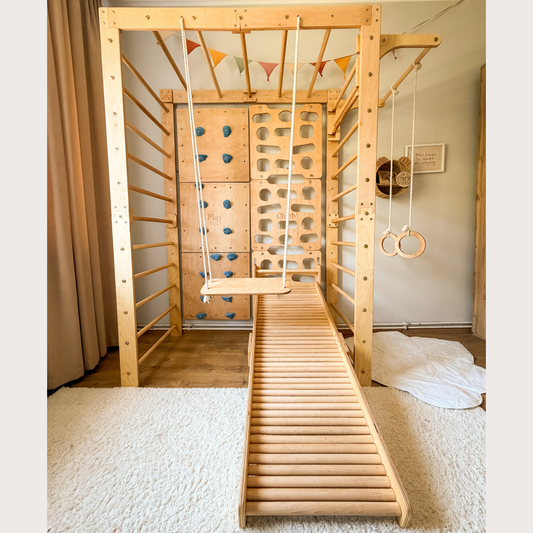 Wooden Indoor Climbing Gym for Kids with Monkey Bars, Swing, Rings & Massage Roller Slide