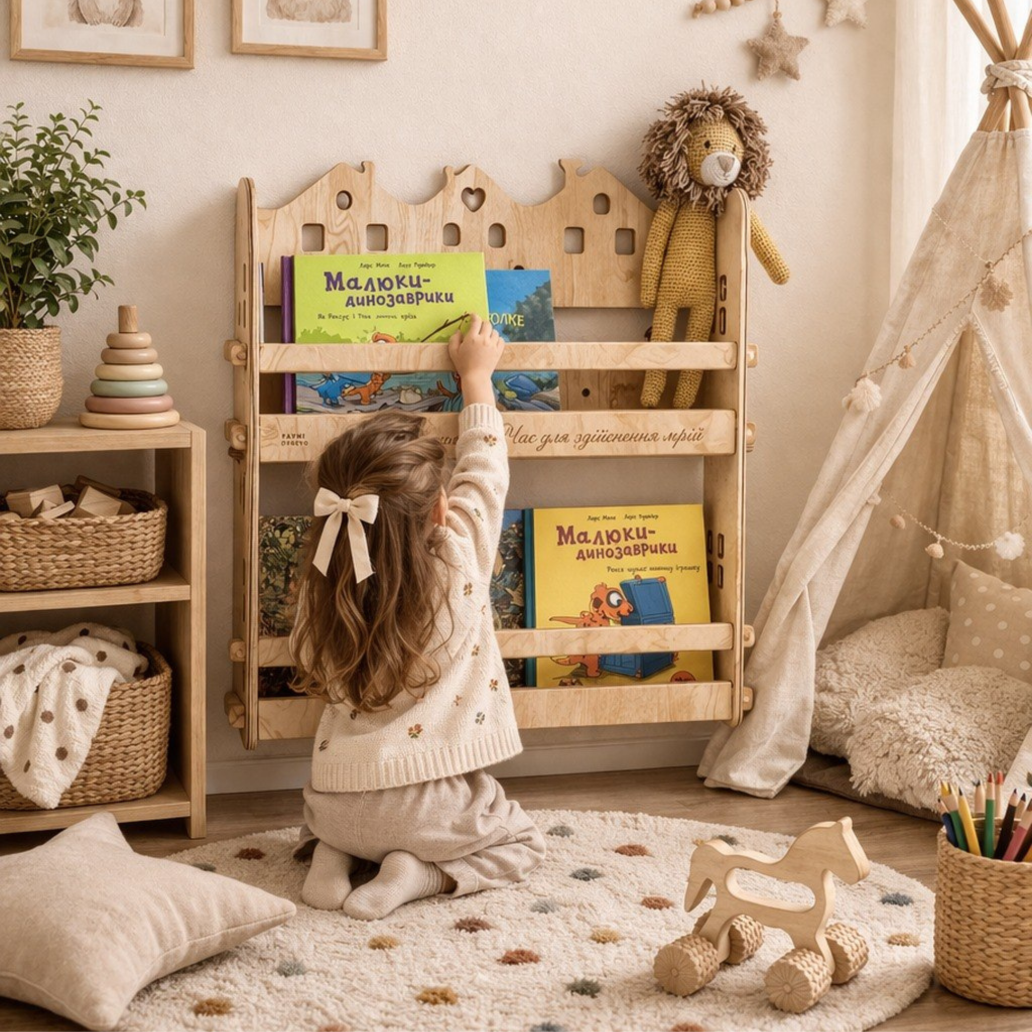 Bücherregal aus Holz für Kinder – Montessori Wand-Bücherregal für Kinderzimmer, mit personalisierter Gravur