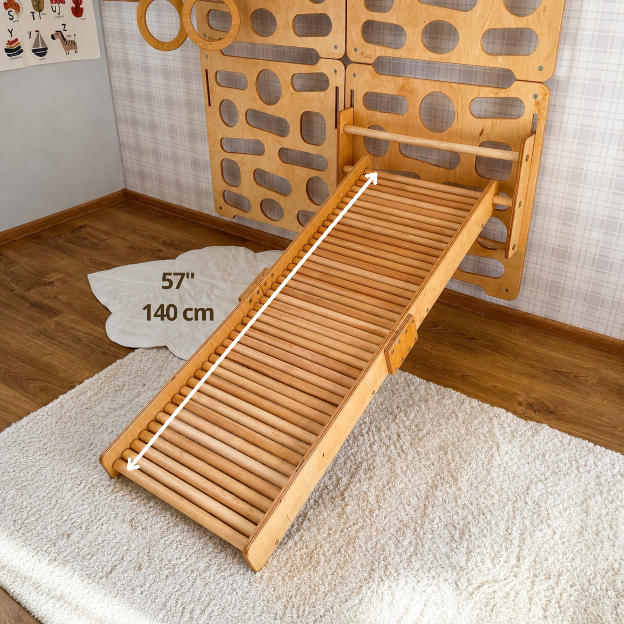 Montessori Kletterwand für Kinder mit Rutsche, Klimmzugstange & Ringen | Indoor-Spielplatz aus Holz