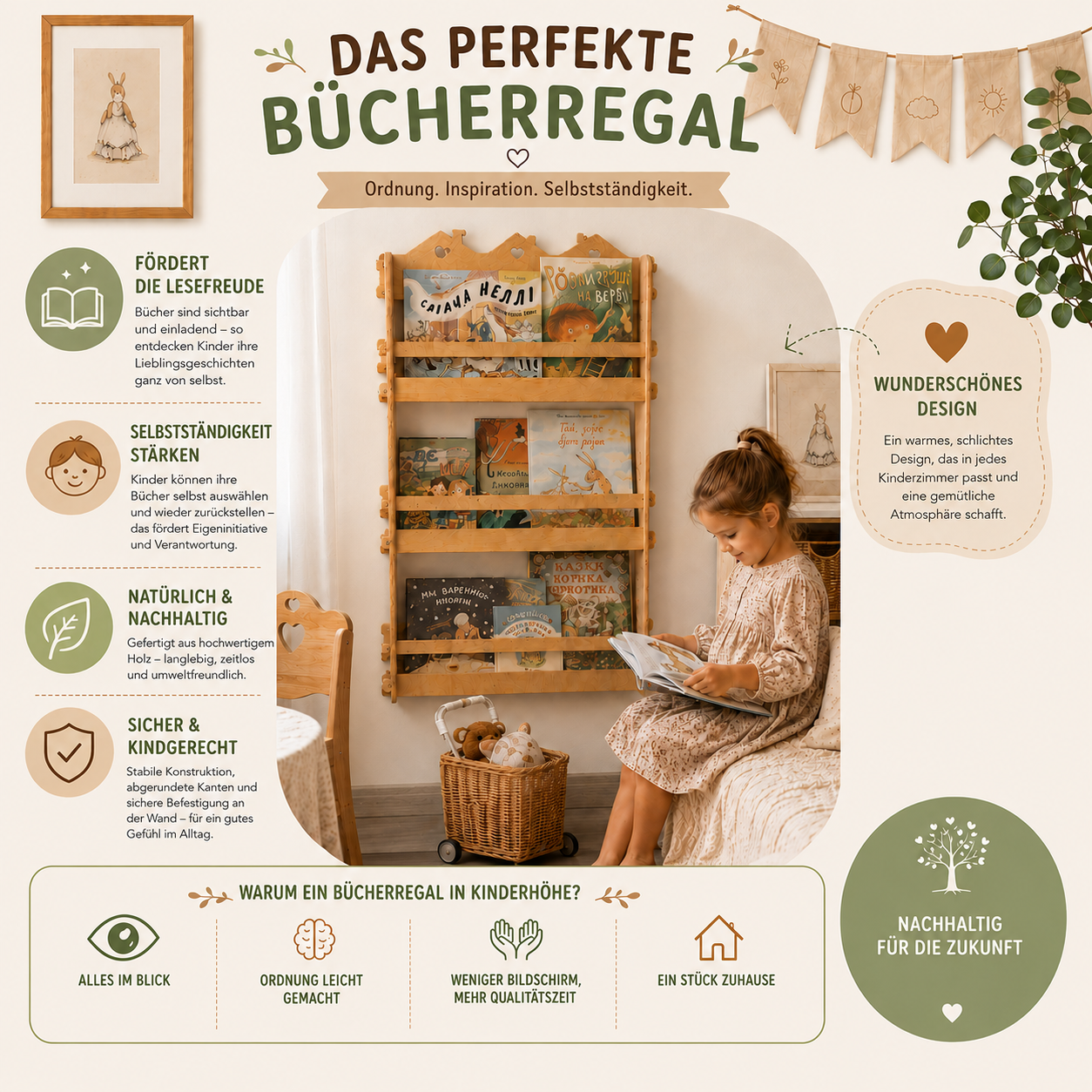 Bücherregal aus Holz für Kinder – Montessori Wand-Bücherregal für Kinderzimmer, mit personalisierter Gravur