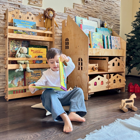 Kids Wooden Bookshelf – Montessori Wall Book Display Shelf for Kids Room, Personalized Engraving