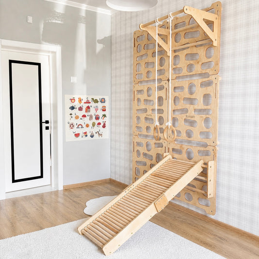 Montessori Climbing Wall for Kids – Ages 2–10 with Slide, Pull-Up Bar & Rings | Wooden Indoor Playground