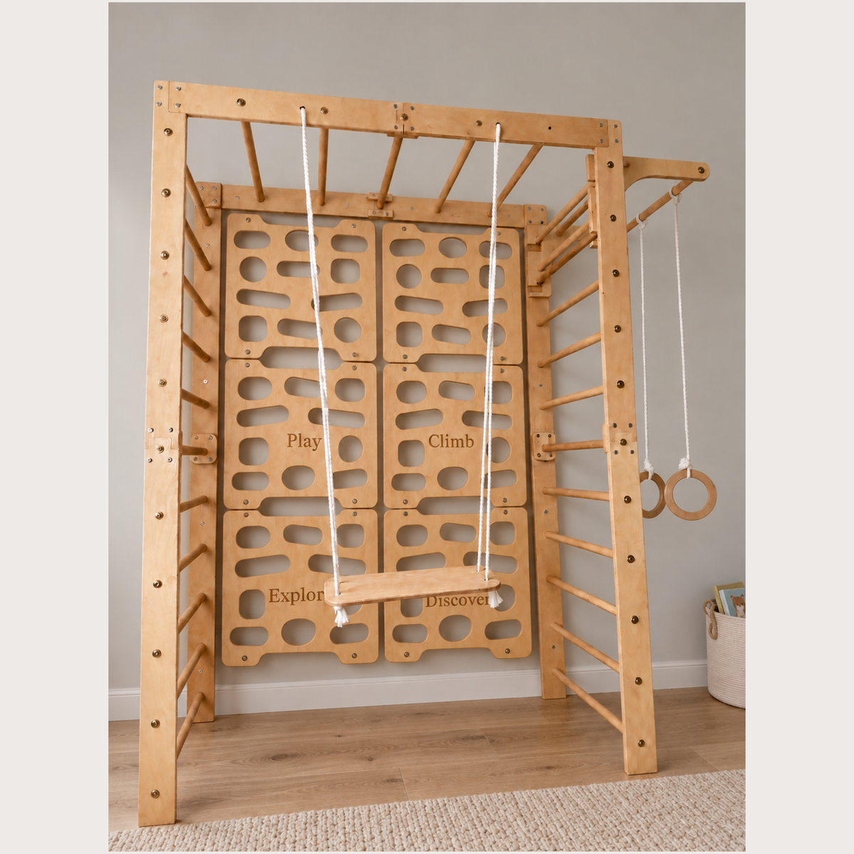 Indoor-Klettergerüst aus Holz für Kinder mit Hangelleiter, Schaukel, Turnringen und Massage-Rollenrutsche
