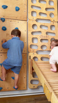 Video in Galerie-Betrachter laden und wiedergeben, Indoor-Klettergerüst aus Holz für Kinder mit Hangelleiter, Schaukel, Turnringen und Massage-Rollenrutsche

